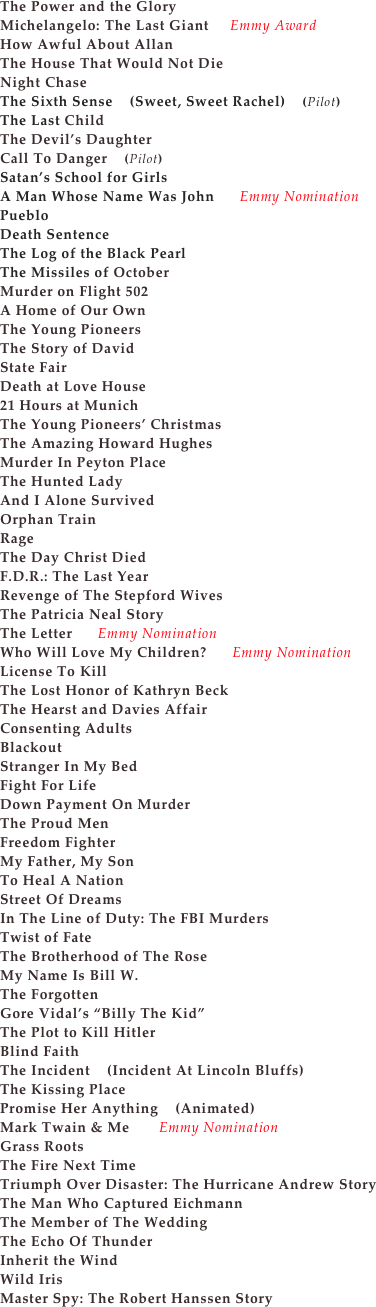 The Power and the Glory
Michelangelo: The Last Giant     Emmy Award
How Awful About Allan
The House That Would Not Die
Night Chase
The Sixth Sense    (Sweet, Sweet Rachel)    (Pilot)
The Last Child
The Devil’s Daughter
Call To Danger    (Pilot)
Satan’s School for Girls
A Man Whose Name Was John      Emmy Nomination
Pueblo
Death Sentence
The Log of the Black Pearl
The Missiles of October
Murder on Flight 502
A Home of Our Own
The Young Pioneers
The Story of David
State Fair
Death at Love House
21 Hours at Munich
The Young Pioneers’ Christmas
The Amazing Howard Hughes
Murder In Peyton Place  
The Hunted Lady
And I Alone Survived
Orphan Train
Rage
The Day Christ Died
F.D.R.: The Last Year
Revenge of The Stepford Wives
The Patricia Neal Story
The Letter      Emmy Nomination
Who Will Love My Children?      Emmy Nomination
License To Kill
The Lost Honor of Kathryn Beck
The Hearst and Davies Affair
Consenting Adults
Blackout 
Stranger In My Bed
Fight For Life
Down Payment On Murder
The Proud Men
Freedom Fighter
My Father, My Son
To Heal A Nation
Street Of Dreams
In The Line of Duty: The FBI Murders
Twist of FateThe Brotherhood of The Rose My Name Is Bill W.The ForgottenGore Vidal’s “Billy The Kid”The Plot to Kill HitlerBlind FaithThe Incident    (Incident At Lincoln Bluffs)The Kissing PlacePromise Her Anything    (Animated)Mark Twain & Me       Emmy Nomination 
Grass RootsThe Fire Next TimeTriumph Over Disaster: The Hurricane Andrew StoryThe Man Who Captured EichmannThe Member of The WeddingThe Echo Of ThunderInherit the WindWild IrisMaster Spy: The Robert Hanssen Story